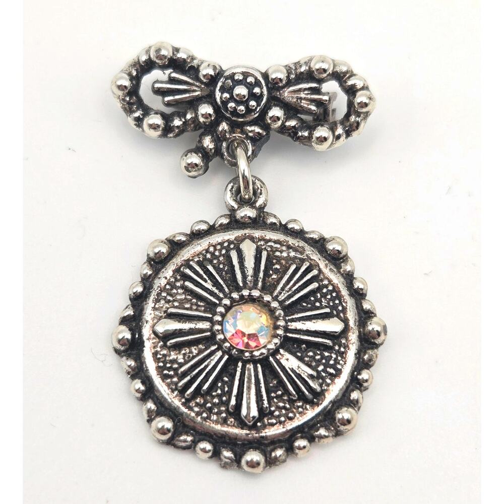 Bow Pendant Center Aurora Borealis Silver Tone Brooch Pin Vintage Cottage